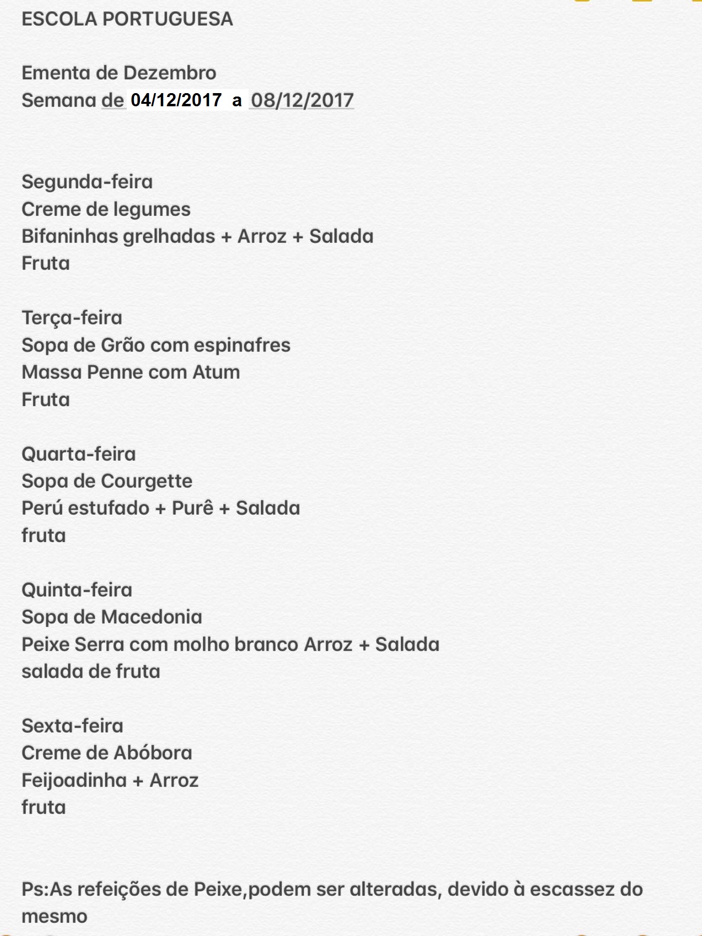 EMENTA DE 4 DE DEZEMBRO A 8 DE DEZEMBRO DE 2017